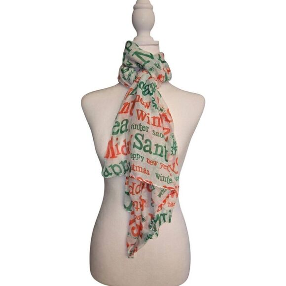Women's One Size White/Green/Red Christmas Sheer Scarf - Picture 1 of 3